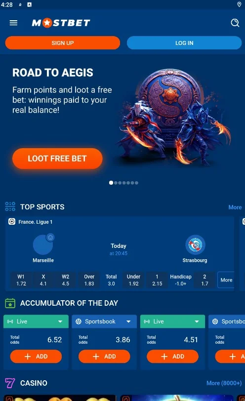 Главный экран приложения Mostbet на Android