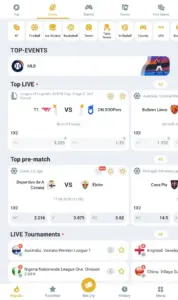 Раздел ставок на спорт в приложении Melbet