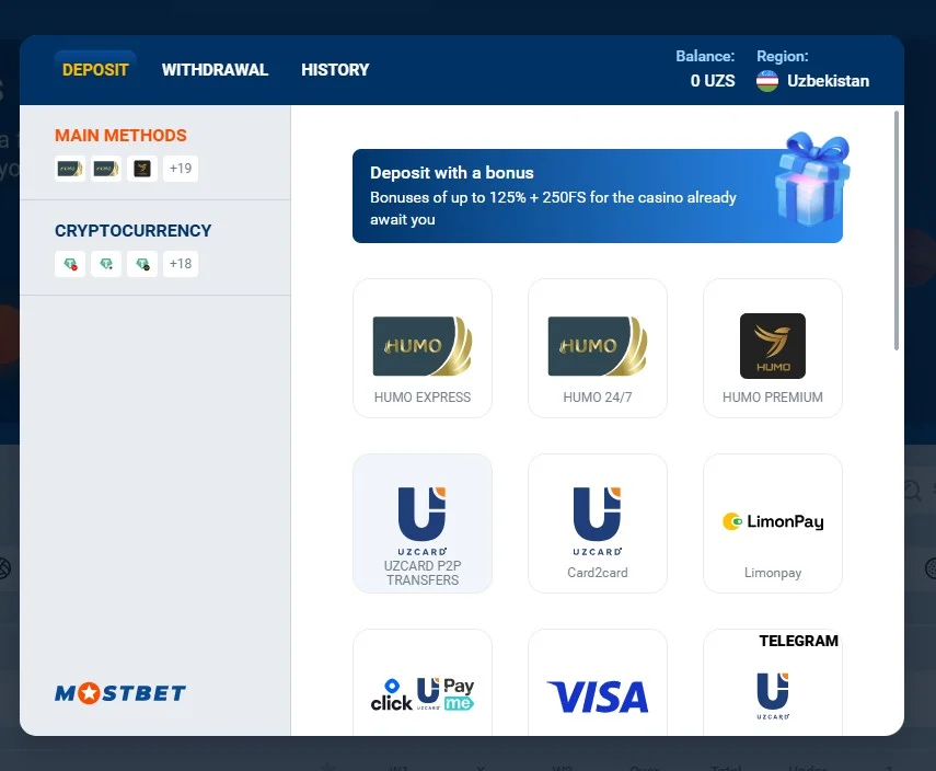 Раздел пополнения счёта Mostbet со списком методов