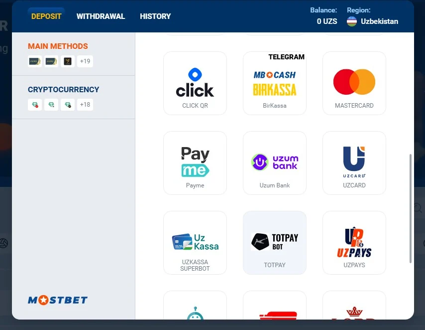 Продолжение списка платёжных методов Mostbet