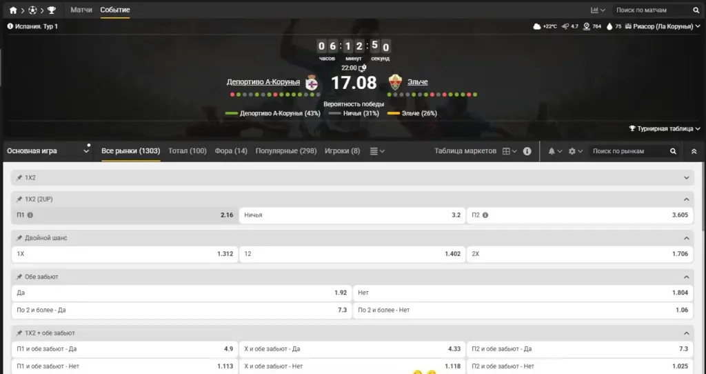 Страница футбольного матча в Melbet с росписью рынков