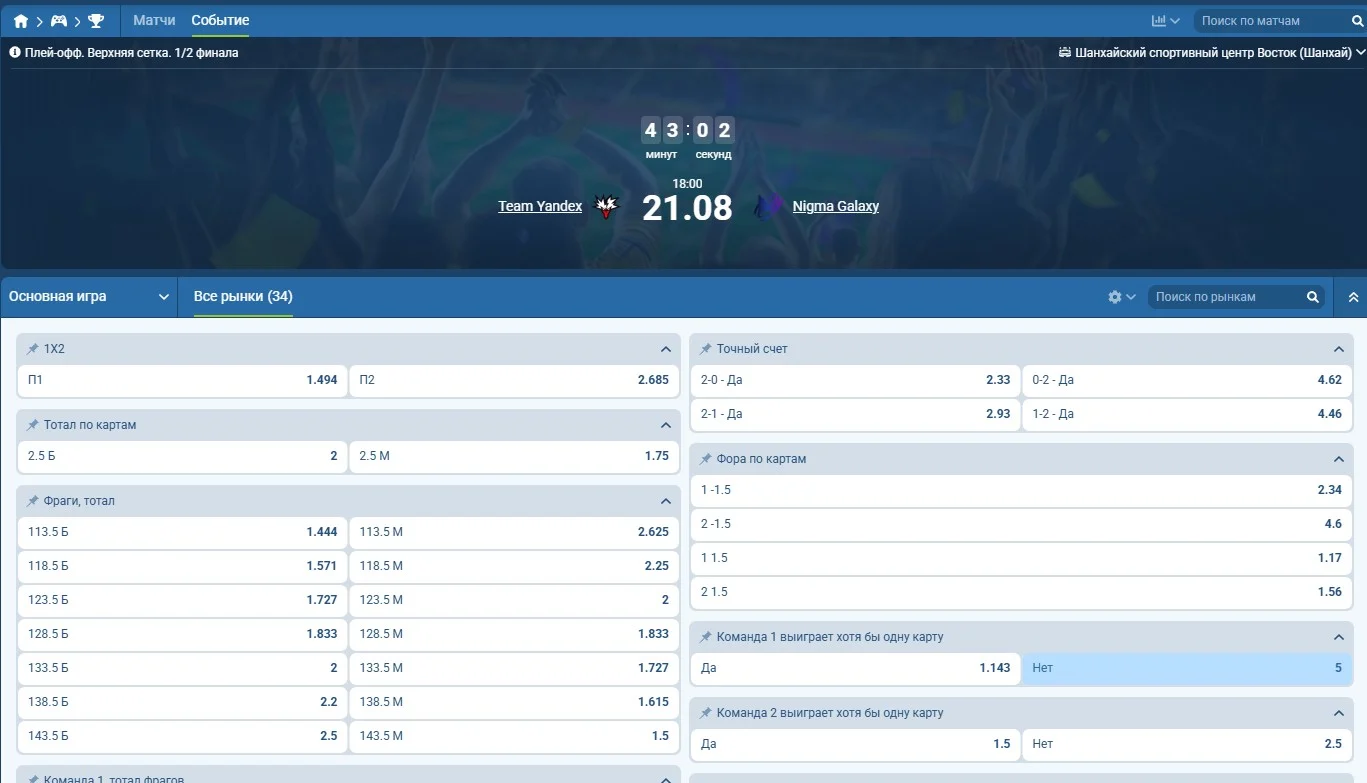 Страница матча 1xBet с росписью рынков