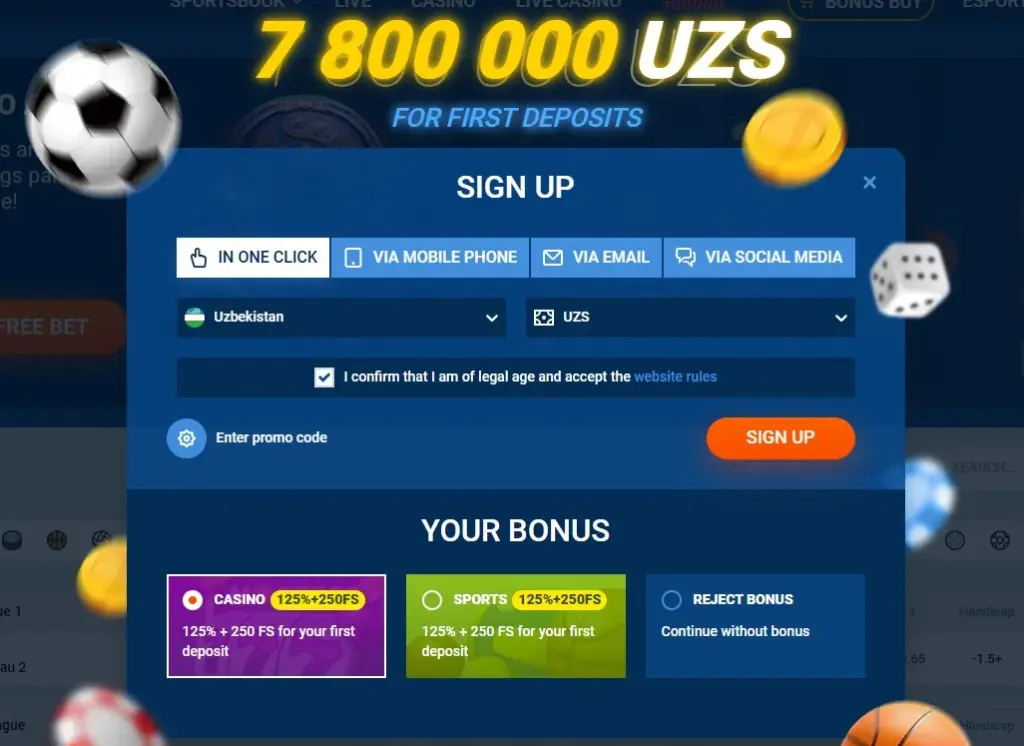 Форма регистрации Mostbet с баннером 7 800 000 сумов и тремя плитками бонуса