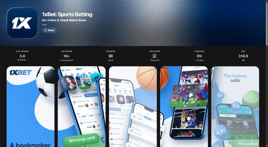 Карточка приложения 1xBet: Sports Betting в узбекском App Store с оценкой 3,8 и весом 316,8 МБ