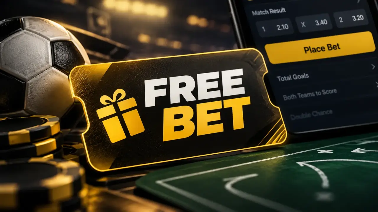 Билет FREE BET рядом с футбольным мячом и купоном ставки на экране смартфона