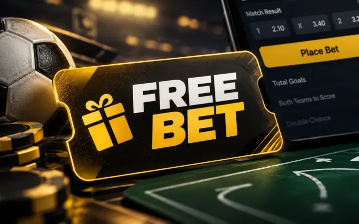 Билет FREE BET рядом с футбольным мячом и купоном ставки на экране смартфона