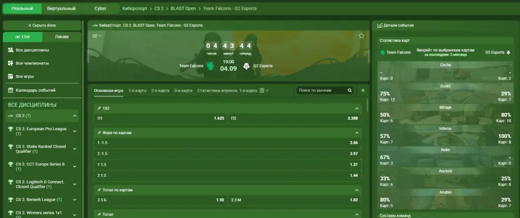 Статистика CS2 в разделе киберспорта Linebet: винрейт команд по семи картам за три месяца