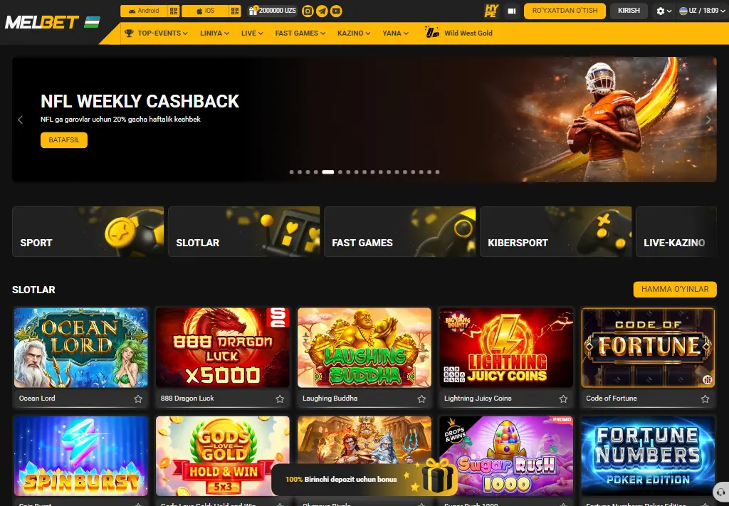 Главная страница Melbet на узбекском языке