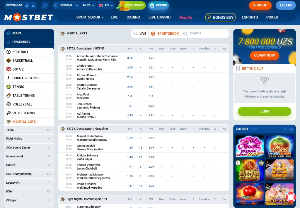 Раздел единоборств Mostbet со списком девяти промоушенов