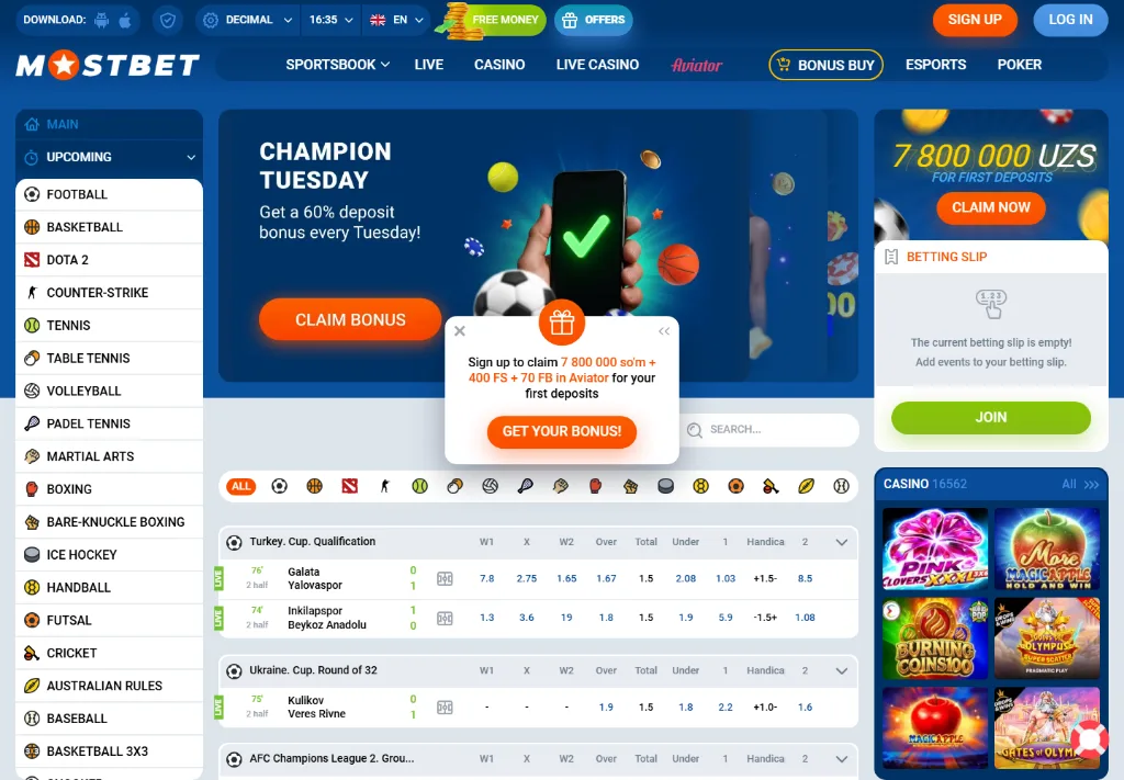 Главная страница Mostbet на английском языке для узбекского игрока