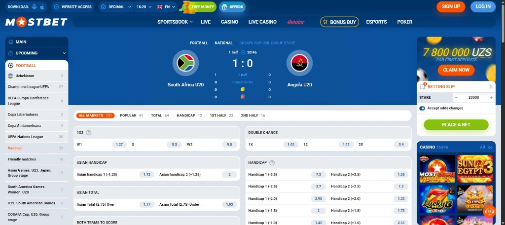 Страница лайв-матча на Mostbet с табло и 231 рынком