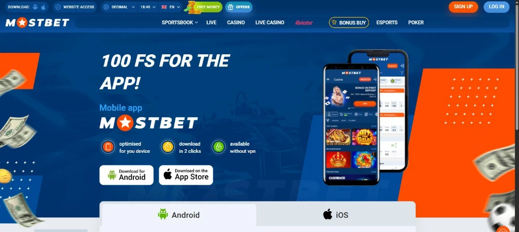 Страница приложения Mostbet с кнопкой Download for Android и обещанием 100 фриспинов