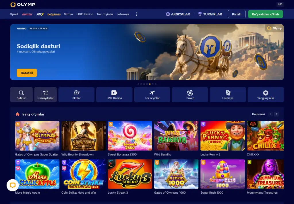 Главная страница Olymp Casino на узбекском языке