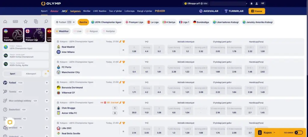 Линия Olymp Casino с четырьмя рынками в одной строке