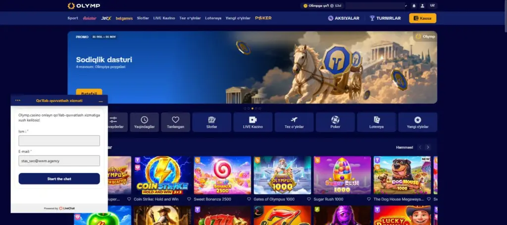 Форма перед началом чата поддержки Olymp Casino