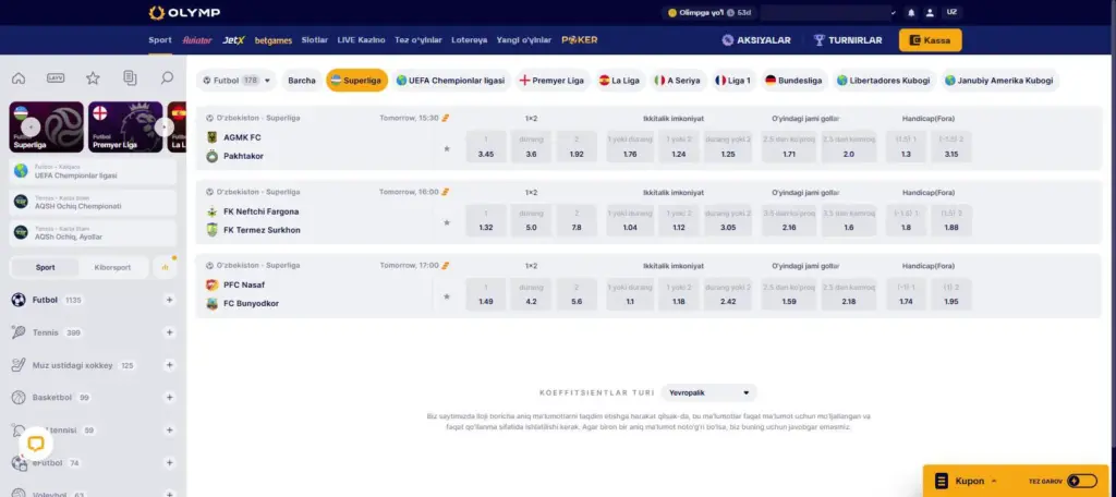 Суперлига Узбекистана первой плиткой в линии Olymp Casino