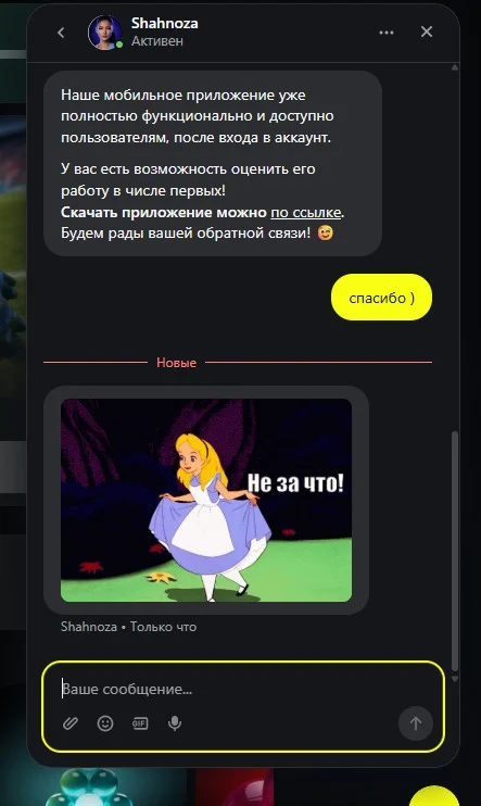 Ответ поддержки Parimatch со ссылкой на мобильное приложение
