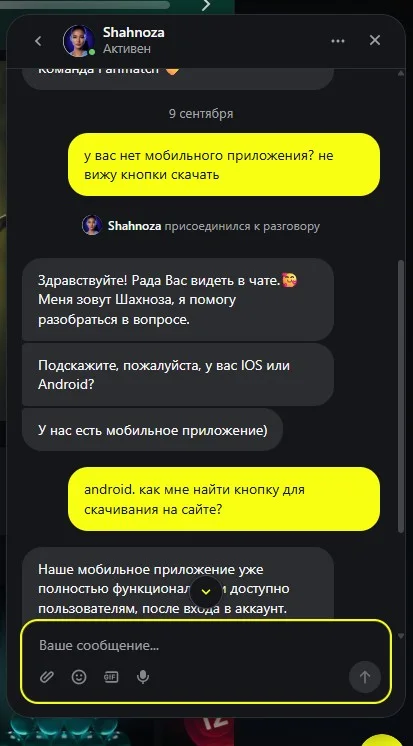 Чат поддержки Parimatch с ответом живого оператора