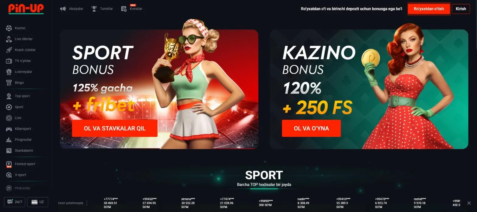 Pin Up UZ bosh sahifasi: sport va kazino bonuslari